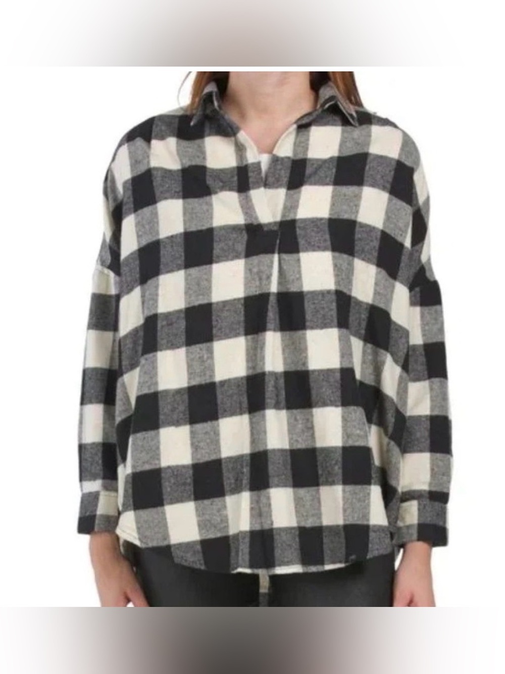 French connection popover black white plaid flannel top blouse pullover shirt